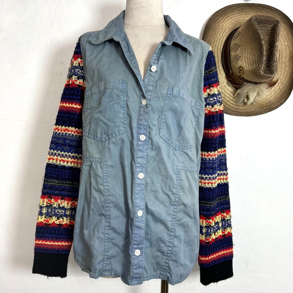 We The Free Free People Chambray Shirt Fair Isle Knit Sweater Sleeve Button Down